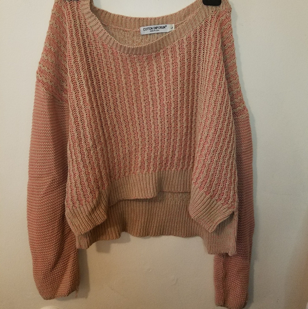 Cotton Emporium Oversized Cropped Knit Sweater Peach Pink Slouchy Boho